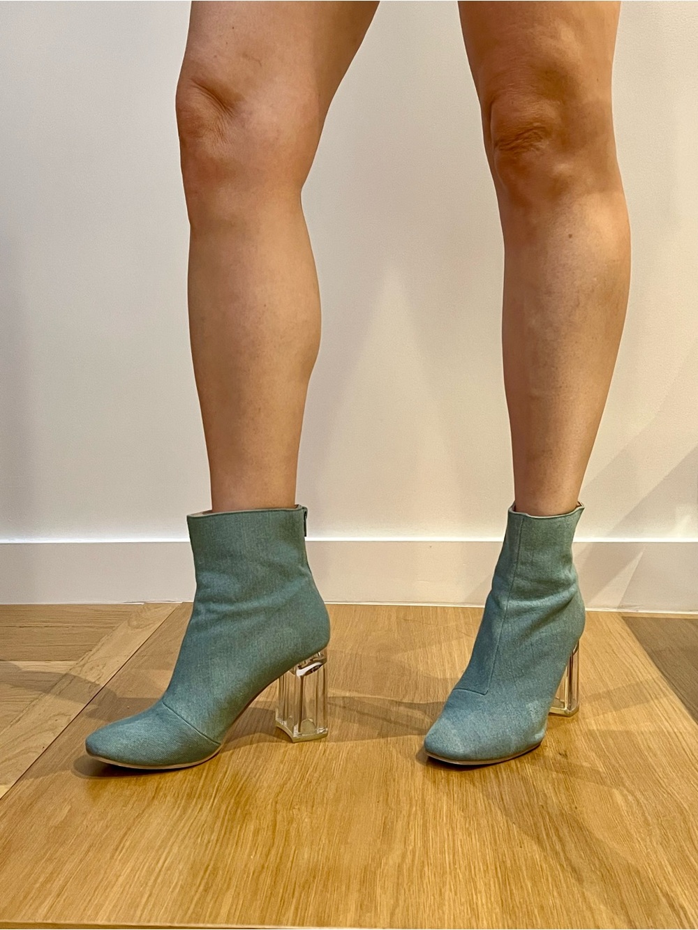 Forever 21 Teal Sock Ankle Boots with Clear Block Heel. Size 8 - Picture 3 of 14